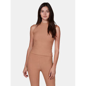 Lett Ventura High Neck Ribbed Tank Top Women's Size Small Camel (Tan)